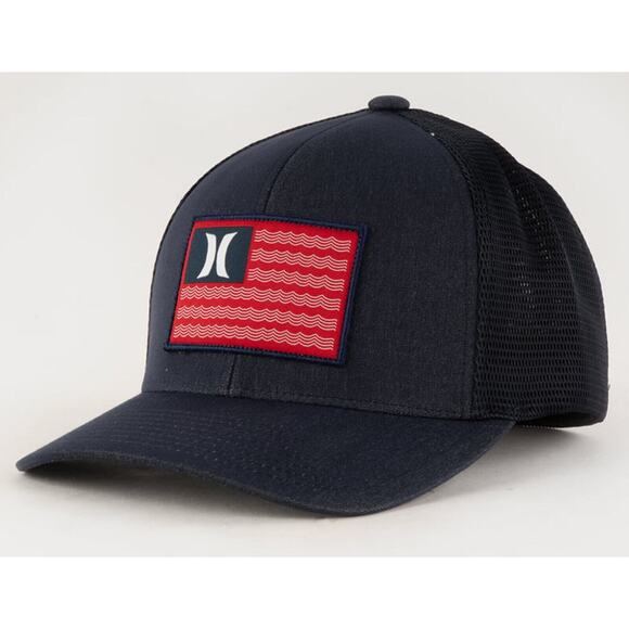Hurley Men's USA Icon Flag FlexFit Fitted Trucker Hat Cap in S/M Navy - Picture 1 of 3